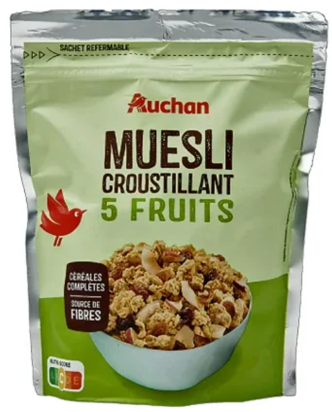 Auchan Kedvenc ropogós zab- és rizspehely, 5 féle szárított gyümölccsel 450 g