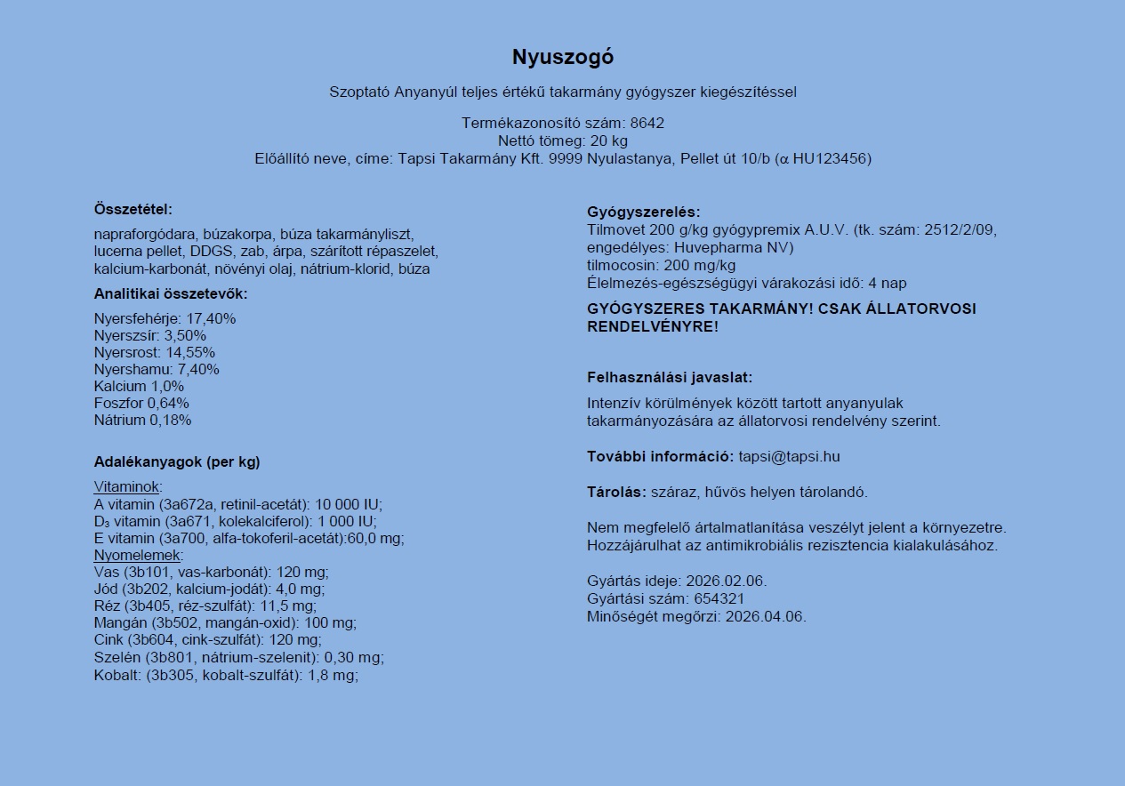 gyógyszeres takarmányos címke